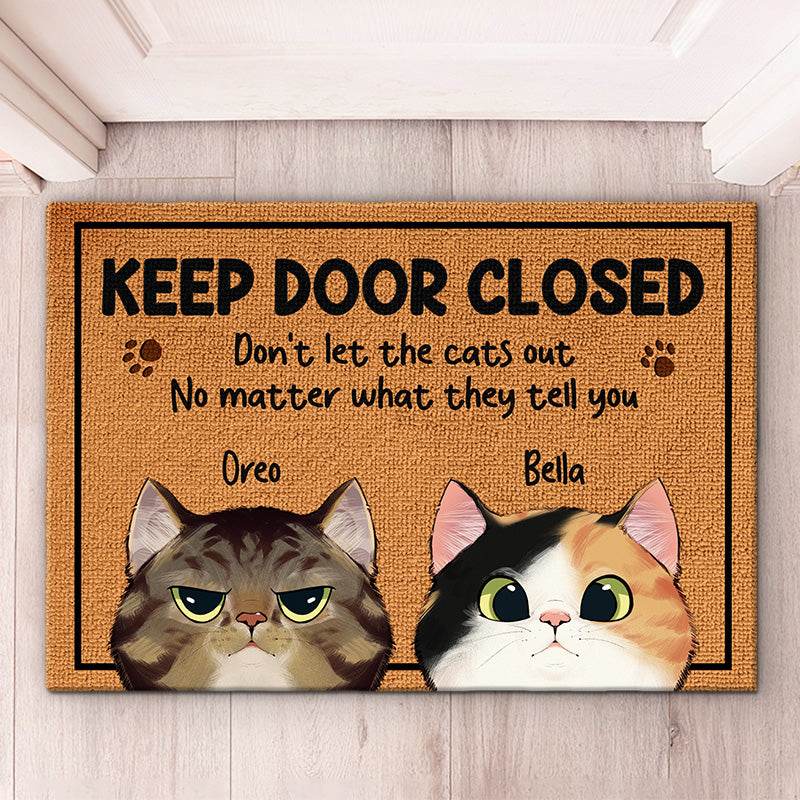 happy-prints.eu - Personalisierte Fußmatte mit Katzen und lustigem Spruch „Keep door closed. Don't let the cats out, no matter what they tell you“