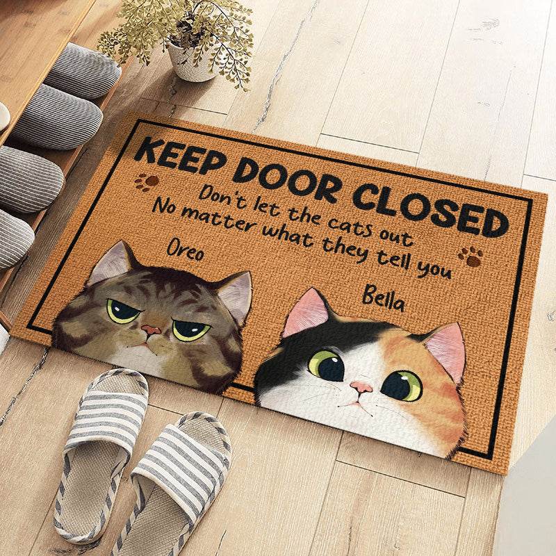happy-prints.eu - Personalisierte Fußmatte mit Katzen und lustigem Spruch „Keep door closed. Don't let the cats out, no matter what they tell you“