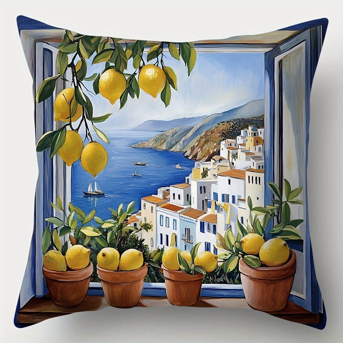 happy-prints.eu - 4er-Set Sofakissenbezug mit Zitronen, italienischem Flair und Meer - aus Polyester und mit Reißverschluss - perfekt für den Sommer - tolles blau und gelb