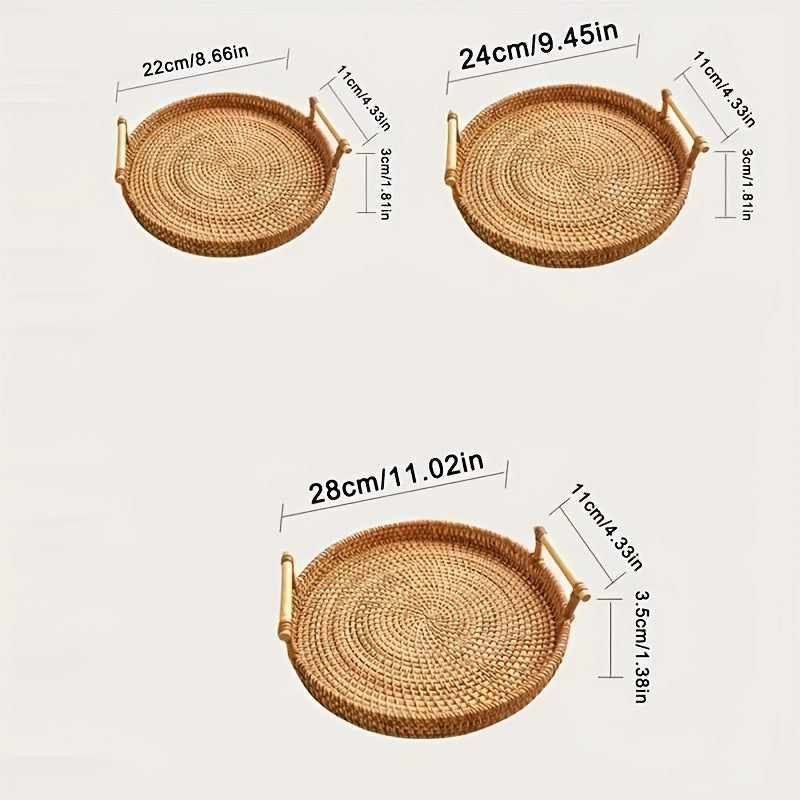 Handgefertigtes Rattan-Tablett ab 22cm in drei Größen – Rundes Doppelohriges Tablett mit geölter Oberfläche - Naturkreis