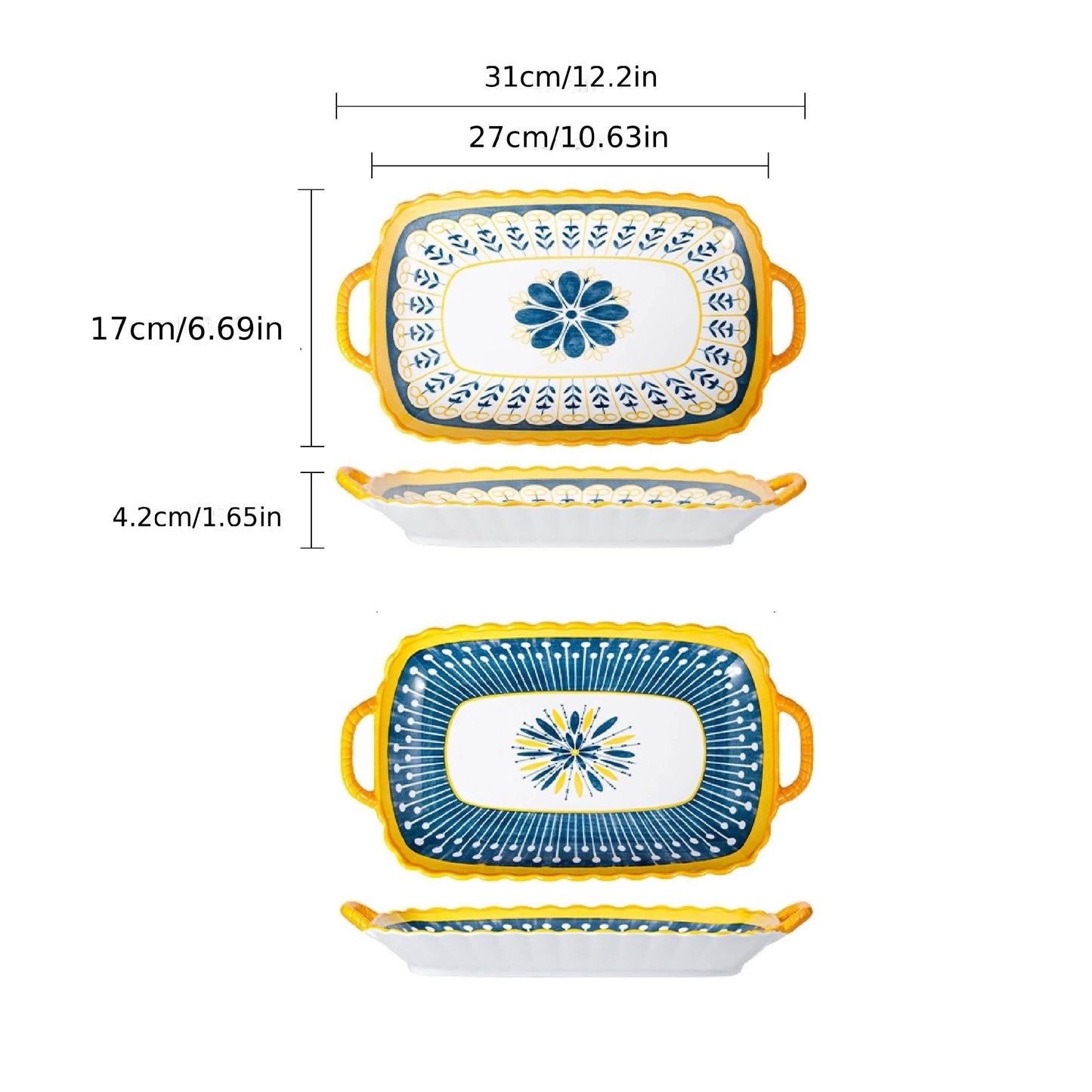 2er-Set Rechteckige Keramikteller in Blau, Gelb und Weiß – Servierteller mit Griffen, Sommerliches Blumen- & Geometrie-Design - 2 Designs