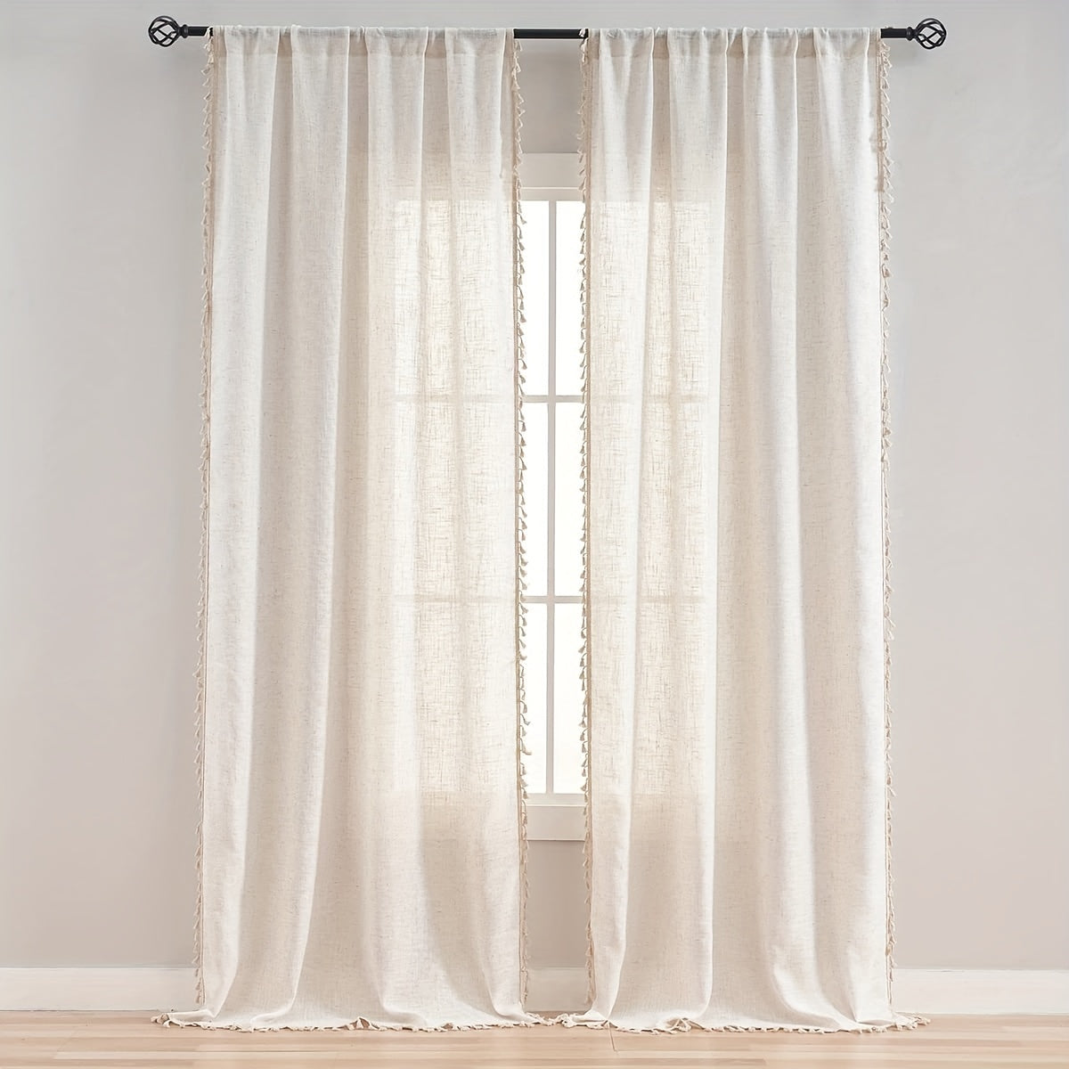 1 Stück Boho Vorhang mit bezaubernden Fransen „Golden Whisper“ – Durchsichtiger Lichtfilter-Vorhang in Beige mit Goldakzenten, Gewebt aus 100 % Polyester, Stangenfach-Design