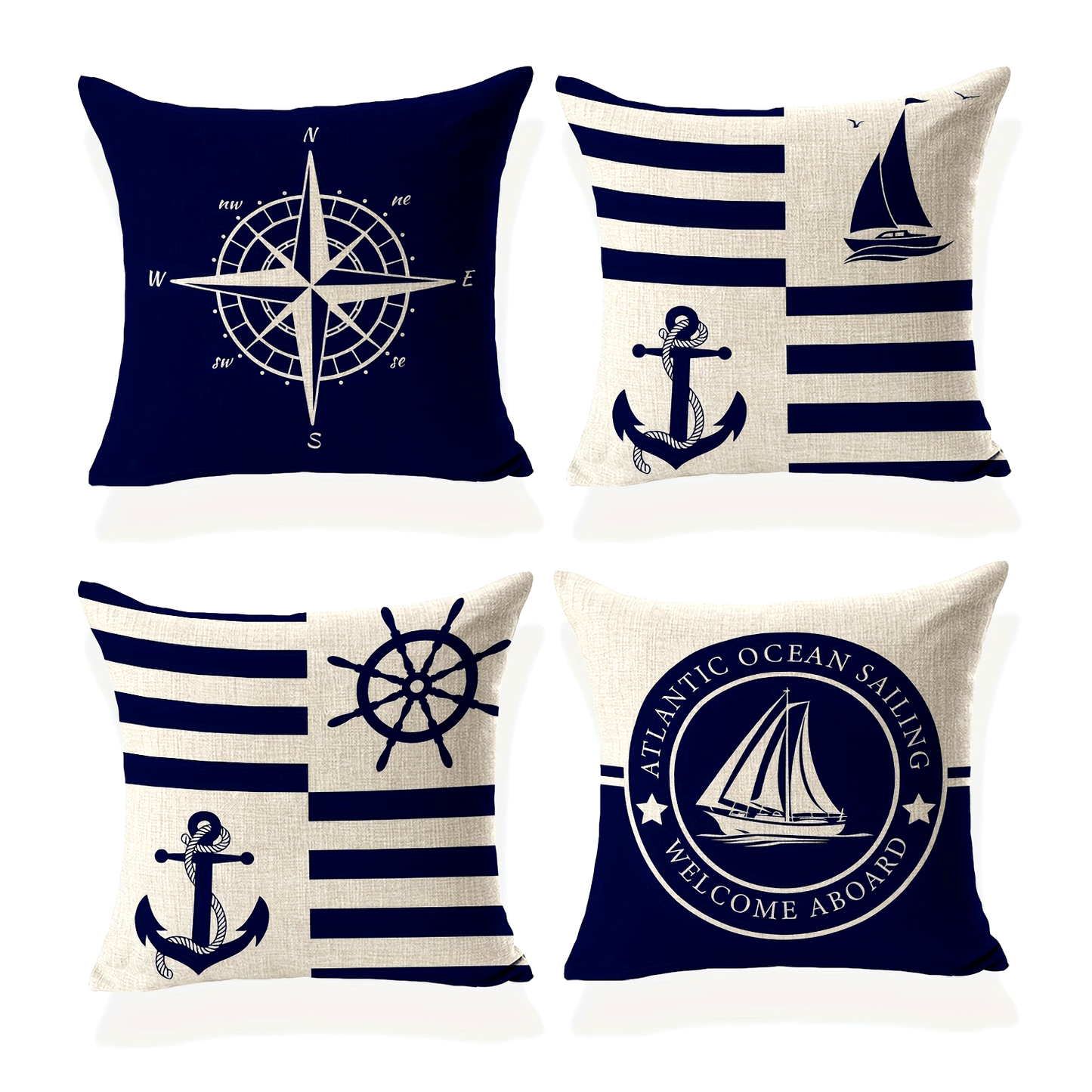 4er-Set nautische Kissenbezüge für maritime Sommerdeko in Blau, Weiß & Rot für Zuhause oder Boot - 45x45 cm - 100 % Polyester