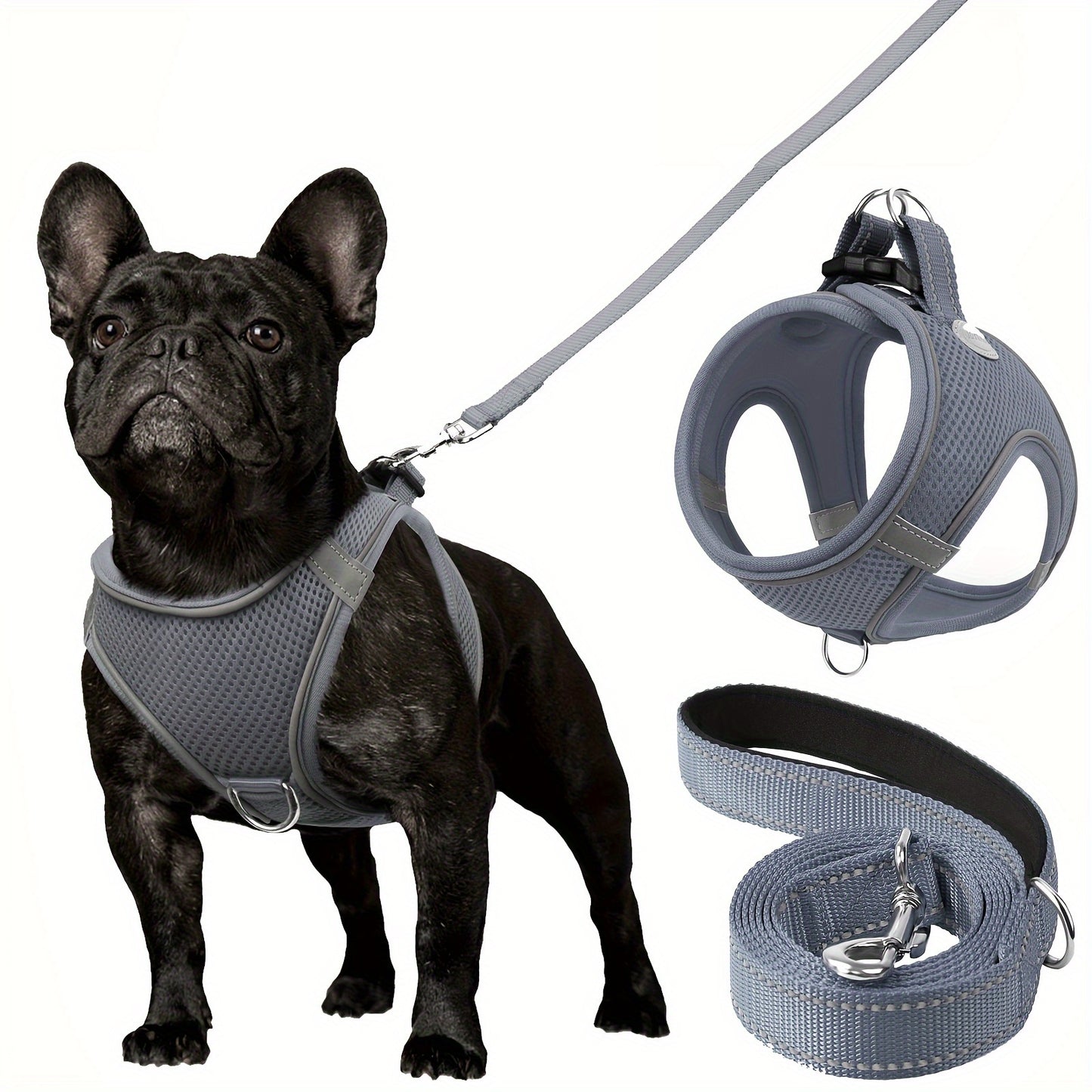 ReflektierendesMesh- Hundegeschirr und Leinen-Set - atmungsaktives Mesh-Weste mit Gepolstertem Nylon-Leine - für kleine bis mittlere Rassen - Dunkelgrau