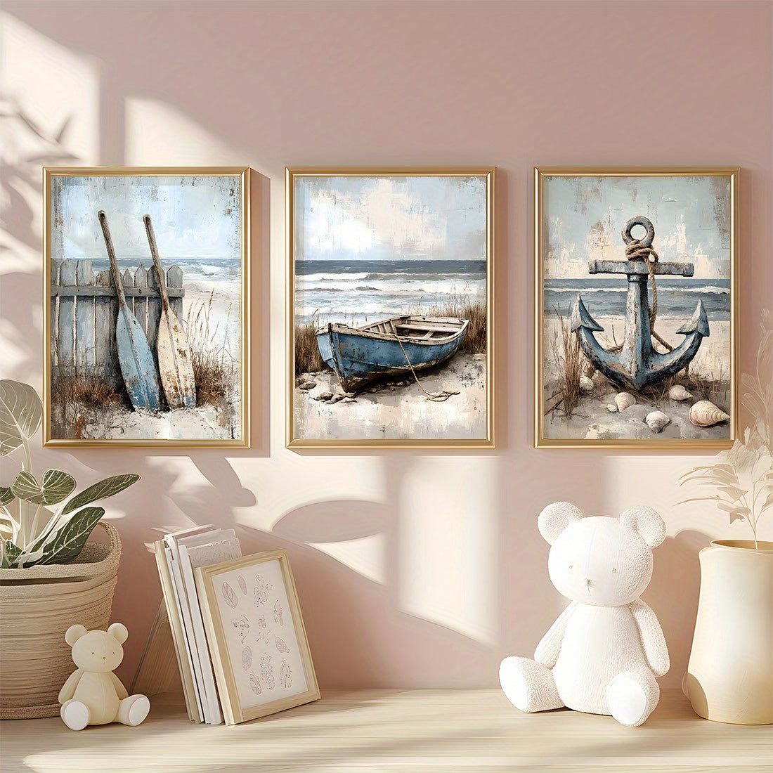 Maritimes 3er-Set mit sommerliche Leinwanddrucke – stilvolle Poster mit Boot, Ruder und Anker vor dem Meer - ohne Rahmen in vier Größen