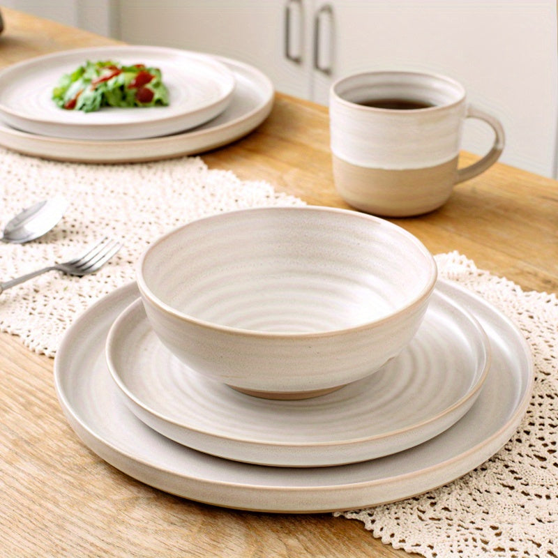 16-teiliges Boho Keramik Geschirr Set - Bohemian Keramik in beige - Boho Style für Deinen Tisch für 4 Personen, sandfarbene Töne für ein tolles mediteranes Essen