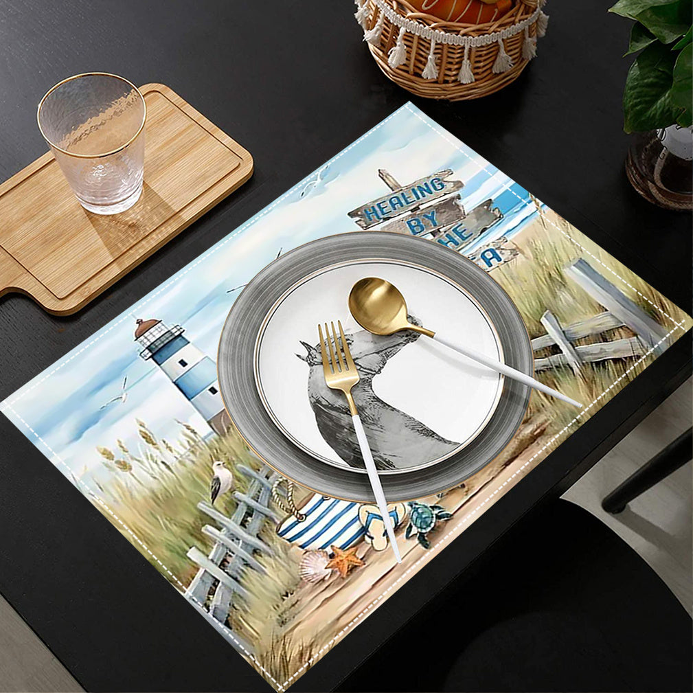 4er-Set Leinen-Tischmatten mit Strand, Leuchtturm und Vintage-Fahrrad - perfekt für den Sommer -