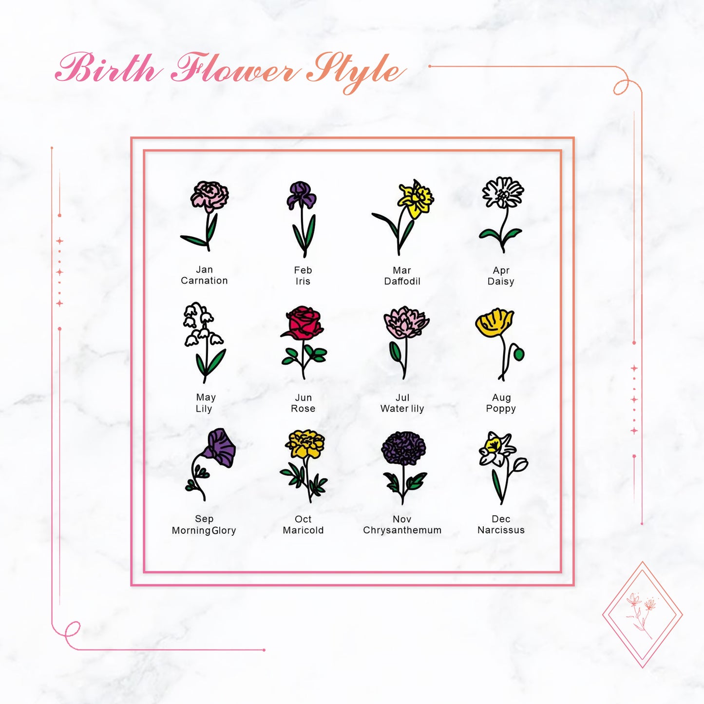 Personalisierte Halskette mit Name und hübscher Geburtsmonats-Blume - 925 Silver -