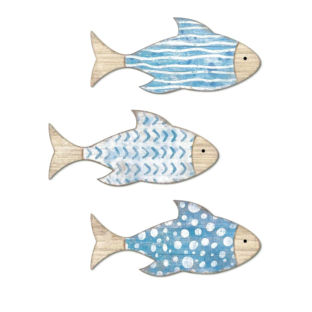 3er-Set handbemalte Holzfisch Wanddekoration (17cm groß) – Maritime Strand-Deko in Blau und Weiß für Badezimmer, Wohnzimmer & Deko-Fischernetz