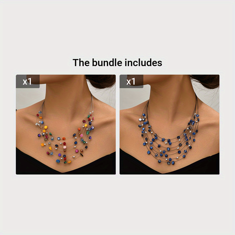 Boho-Perlenkette für Frauen – handgefertigte, mehrlagige Halskette mit künstlichem Kristall - in blau oder bunt - Mehrfarbig+Blau