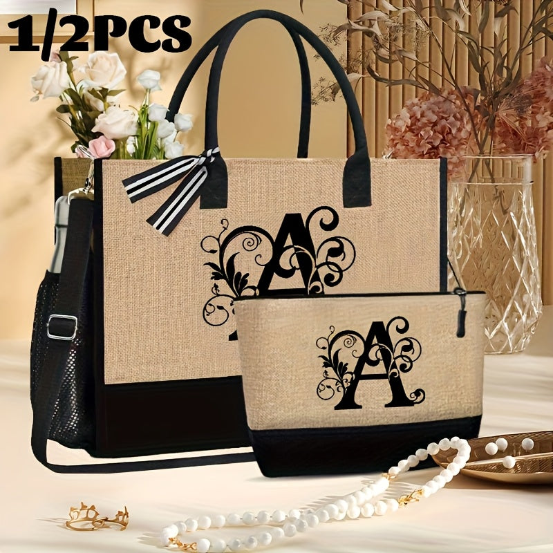 2-teiliges Set: Große und kleine personalisierte Monogramm Tragetasche mit Buchstaben von A bis Z in schönem Design - Aufdruck in Schwarz - leichte Einkaufstasche aus Stoff mit schwarzen Griffen - mit Reißverschluss