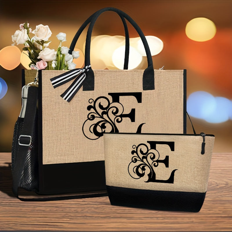 2-teiliges Set: Große und kleine personalisierte Monogramm Tragetasche mit Buchstaben von A bis Z in schönem Design - Aufdruck in Schwarz - leichte Einkaufstasche aus Stoff mit schwarzen Griffen - mit Reißverschluss