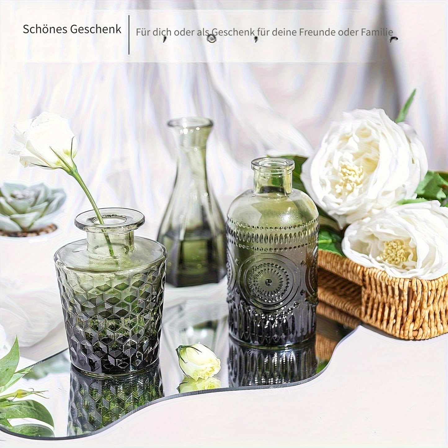 12er-Set Glasvasen mit kleine Vintage-Vasen - verschiedene Farben: Blau, Grün & Rosa für Sommerpartys, Hochzeitsdeko & Tischblumenschmuck - Summer Bloom
