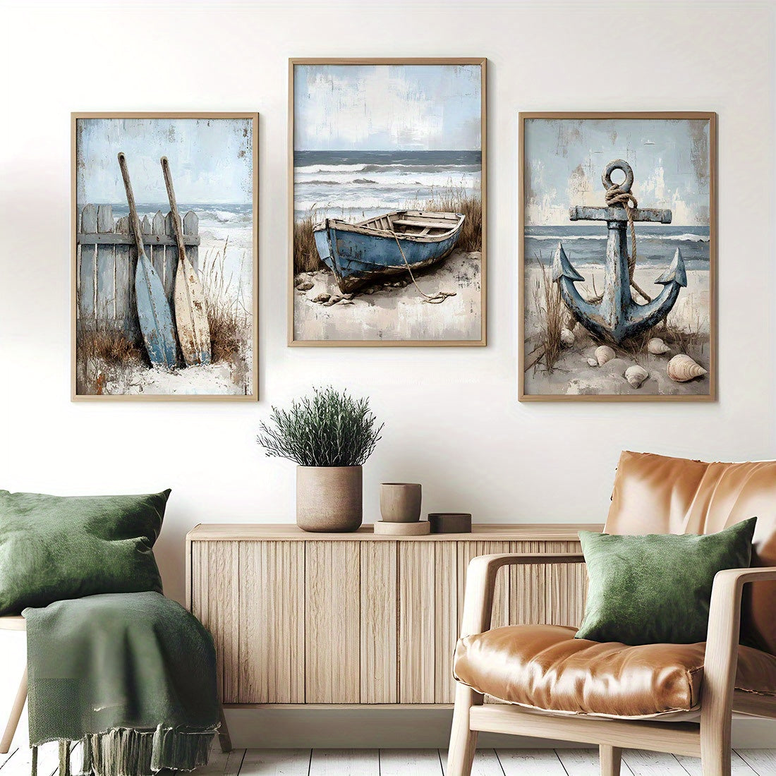 Maritimes 3er-Set mit sommerliche Leinwanddrucke – stilvolle Poster mit Boot, Ruder und Anker vor dem Meer - ohne Rahmen in vier Größen
