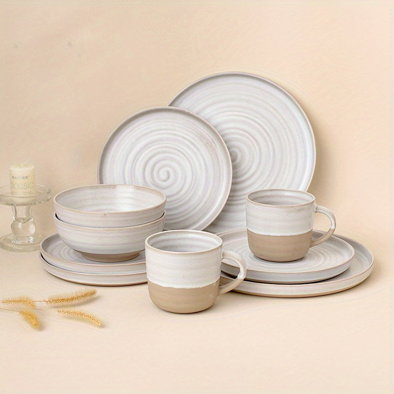 16-teiliges Boho Keramik Geschirr Set - Bohemian Keramik in beige - Boho Style für Deinen Tisch für 4 Personen, sandfarbene Töne für ein tolles mediteranes Essen