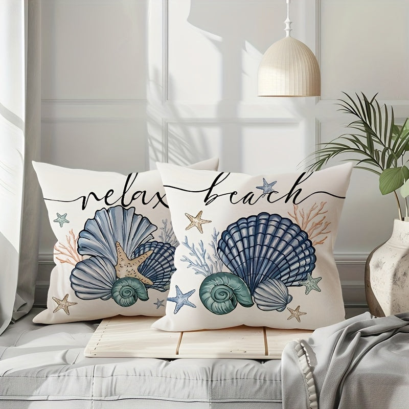 4er-Set maritime Kissenbezüge zur sommerlichen Deko mit Muscheln, Seile, Seesterne und Sprüche in tollen Farben blau, weiß, beige - 45x45cm – 100 % Polyester - ohne Füllung
