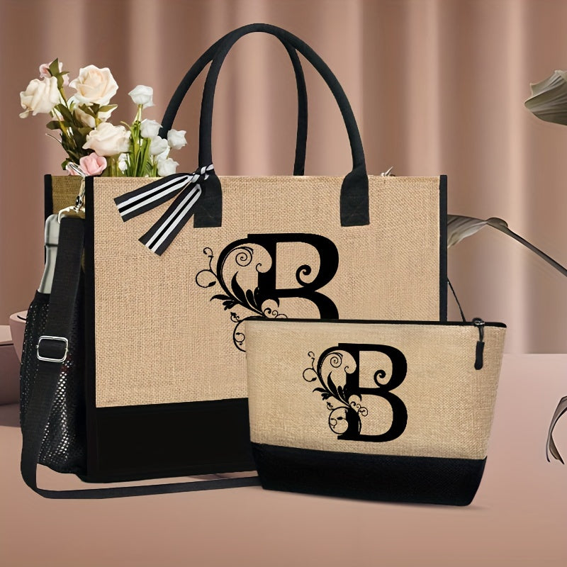 2-teiliges Set: Große und kleine personalisierte Monogramm Tragetasche mit Buchstaben von A bis Z in schönem Design - Aufdruck in Schwarz - leichte Einkaufstasche aus Stoff mit schwarzen Griffen - mit Reißverschluss