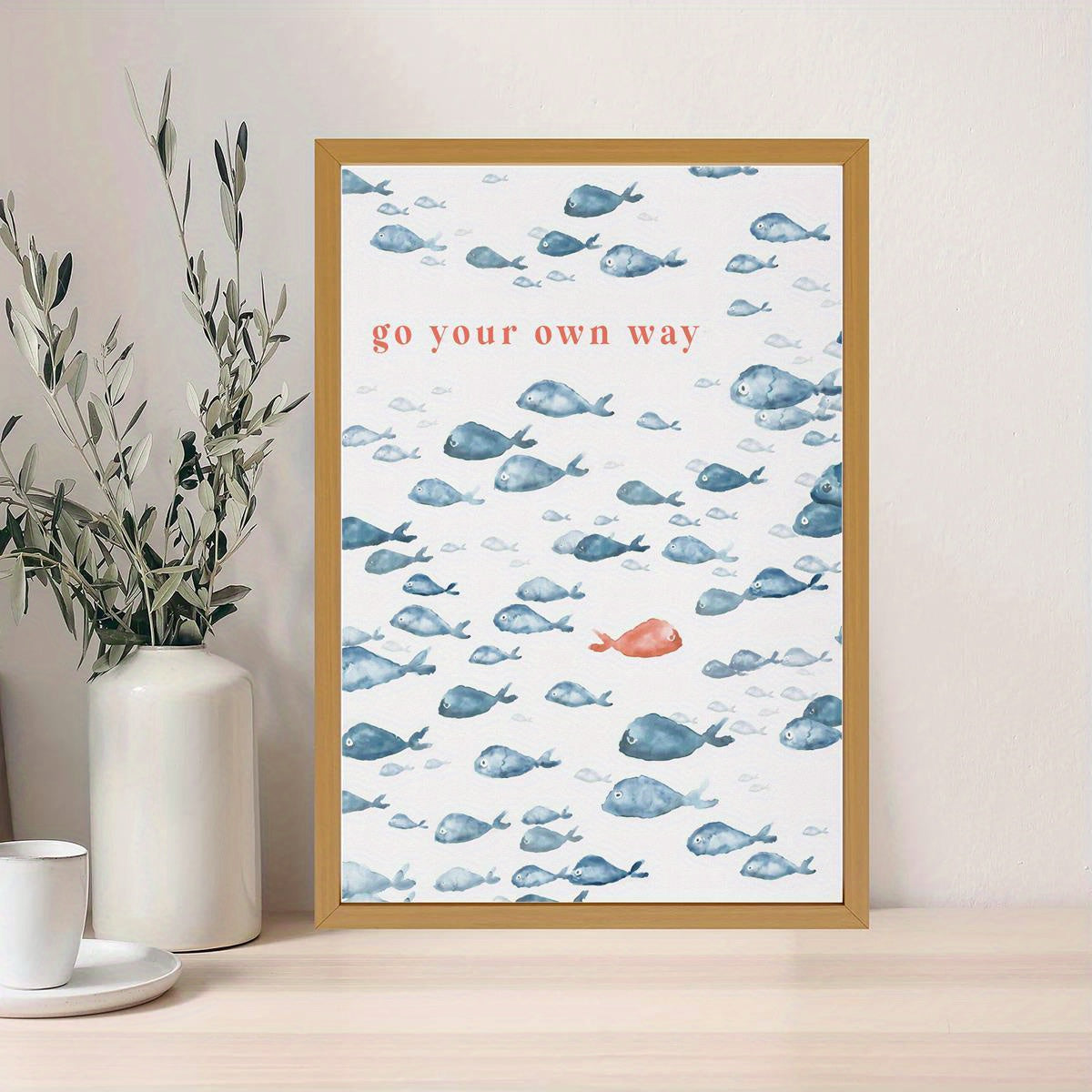 Rahmenloses maritimes Leinwand-Poster mit Fische in Blau, Rot und Weiß - „Geh Deinen eigenen Weg“ – moderner nautischer Leinwand-Posterdruck - in vier Größen