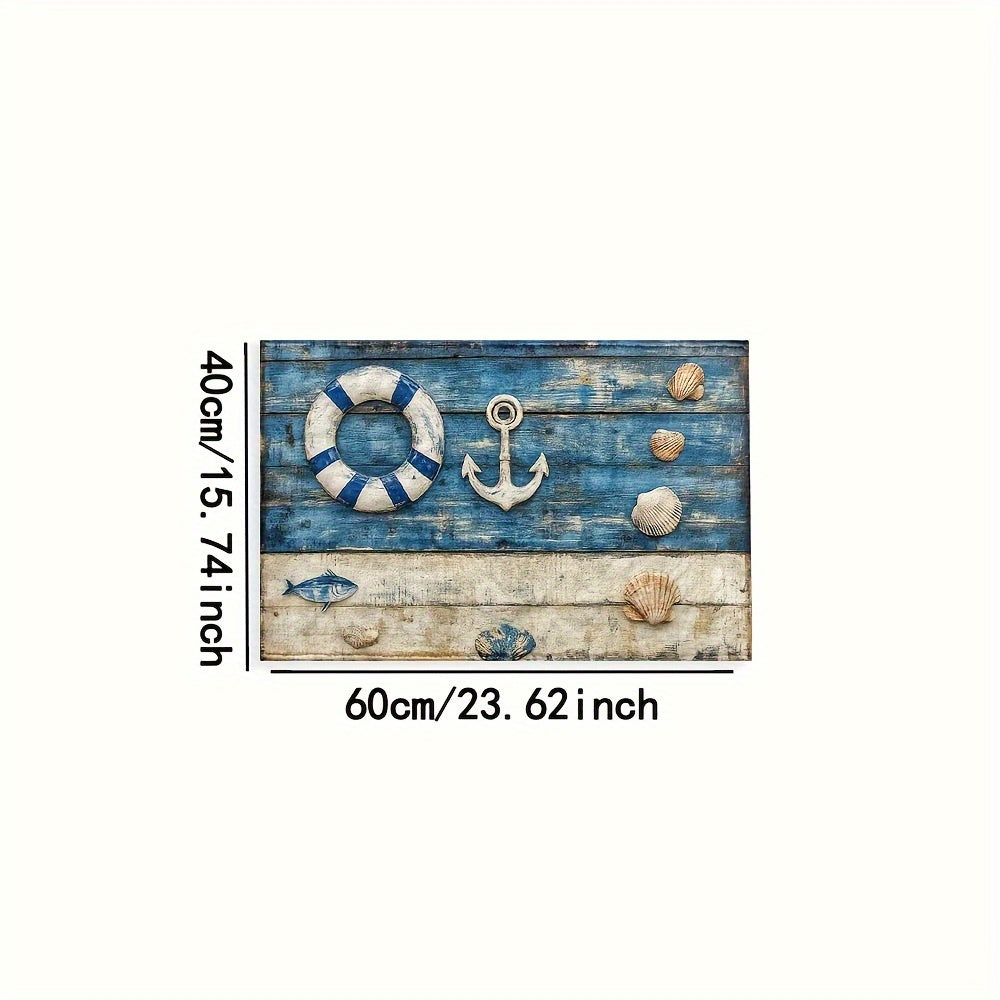 Rechteckige maritime Fußmatte in Blau-Beige mit Anker, Muscheln, Rettungsring und Fische auf Holz-Optik – Flauschiger Teppich mit nautischen Motiven, maschinenwaschbar & strapazierfähig