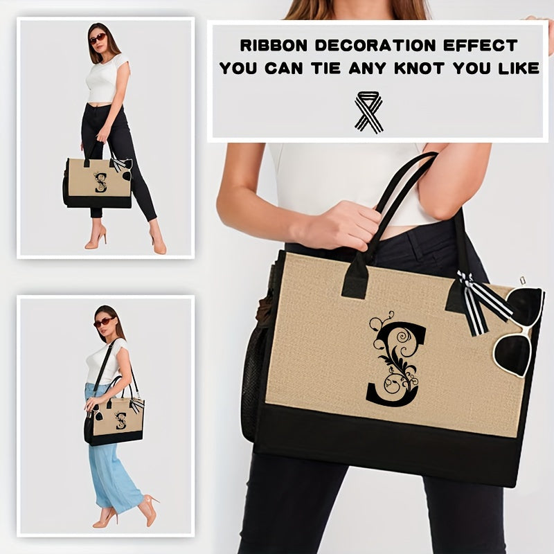 2-teiliges Set: Große und kleine personalisierte Monogramm Tragetasche mit Buchstaben von A bis Z in schönem Design - Aufdruck in Schwarz - leichte Einkaufstasche aus Stoff mit schwarzen Griffen - mit Reißverschluss