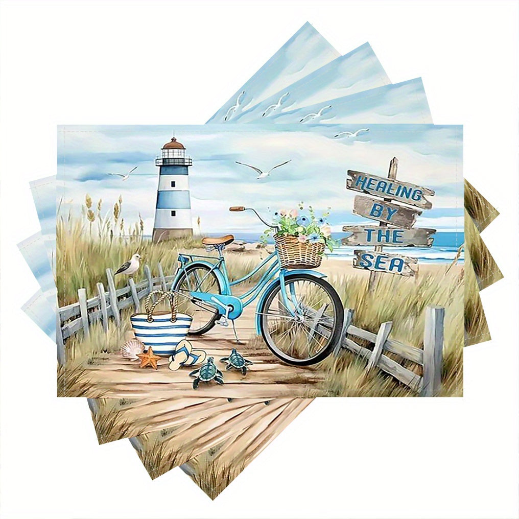 4er-Set Leinen-Tischmatten mit Strand, Leuchtturm und Vintage-Fahrrad - perfekt für den Sommer - 30,48 X 45,72 cm 4 Stück