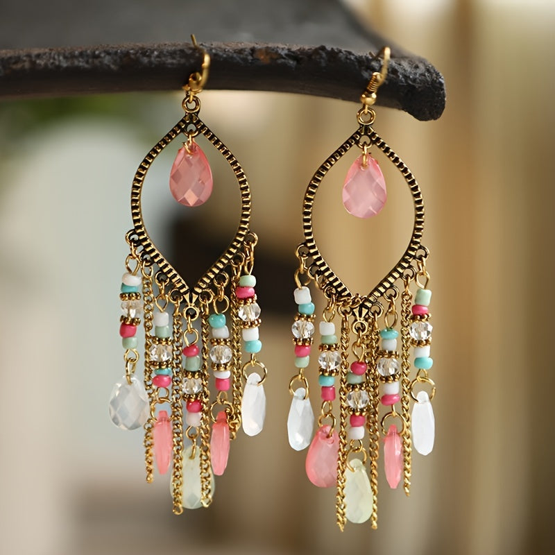 Tropfenförmige Damen Boho Vintage Ohrringe mit Kristallperlen – 9,6cm lang - Eleganz für Alltag & Urlaub