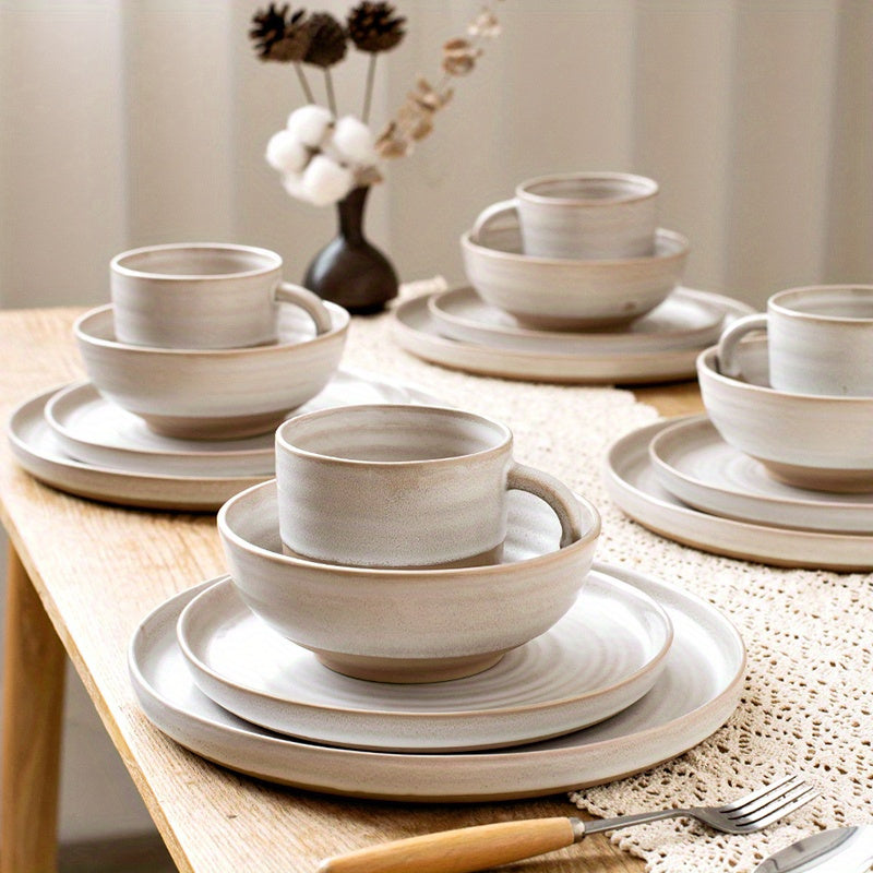16-teiliges Boho Keramik Geschirr Set - Bohemian Keramik in beige - Boho Style für Deinen Tisch für 4 Personen, sandfarbene Töne für ein tolles mediteranes Essen