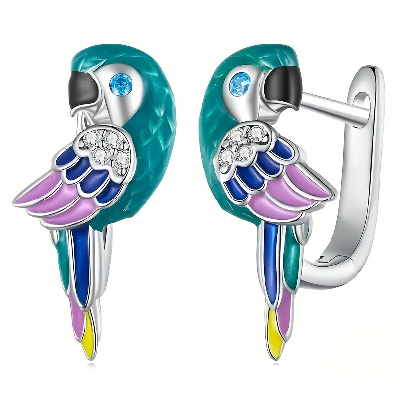 Kreative Papagei Creolen mit buntem Vogel-Design – verspielte Ohrringe mit funkelndem Zirkonia - mit blau, mint und rosa - Silbrig mit mint, blau und rosa