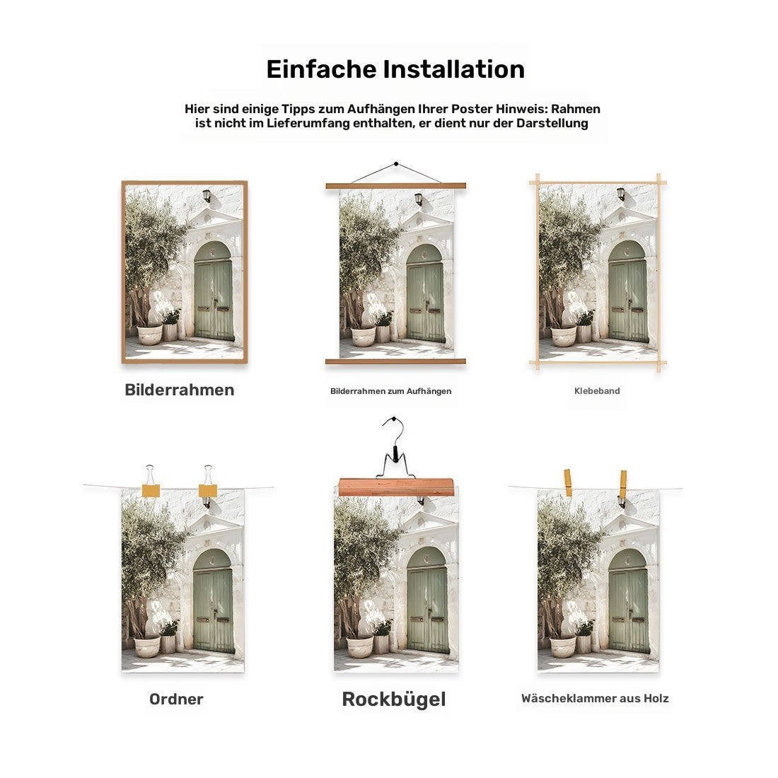 Mediterranes Leinwanddruck-Poster mit Olivenbaum & italienischer Architektur – Rahmenlose Wandkunst in wunderschönen sanften Farben