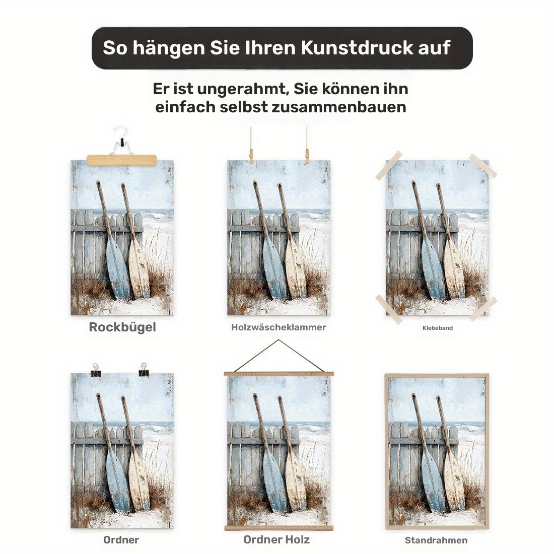 Maritimes 3er-Set mit sommerliche Leinwanddrucke – stilvolle Poster mit Boot, Ruder und Anker vor dem Meer - ohne Rahmen in vier Größen