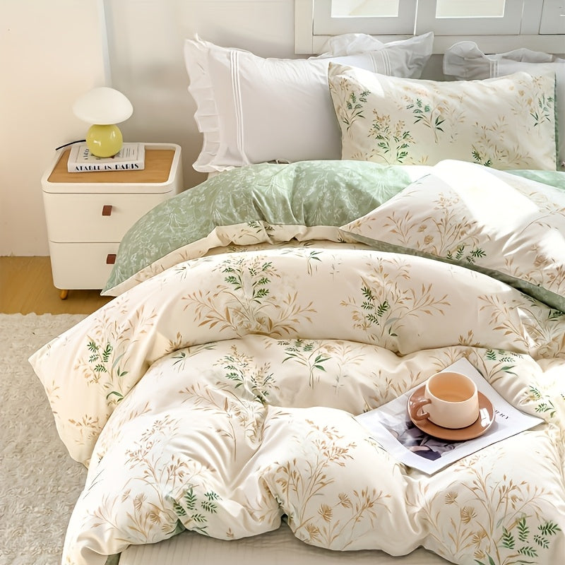3-teiliges Bettwäsche-Set mit Blumen und Blättern in Salbeigrün, Goldgelb/Beige - 2 Polster und 1 Tuchent (jeweils ohne Füllung) - Bettwäsche-Set „Salbei Traum“ – Gewebtes Polyester mit tollem Griff wie Satin - mit Reißverschluss
