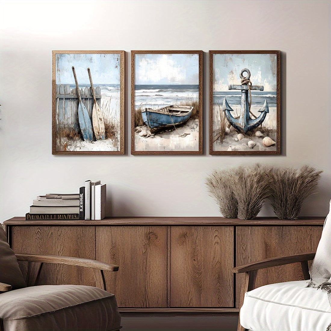 Maritimes 3er-Set mit sommerliche Leinwanddrucke – stilvolle Poster mit Boot, Ruder und Anker vor dem Meer - ohne Rahmen in vier Größen