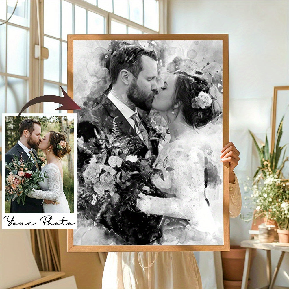 Personalisiertes Schwarz-Weiß-Wasserfarben-Bild zur Hochzeit auf Leinwand – ungerahmtes Porträt-Canvas-Poster, perfekt für Hochzeiten, Paare, Familien, Verlobungen, Haustiergedenken, in verschiedenen Größen
