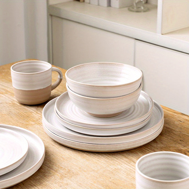 16-teiliges Boho Keramik Geschirr Set - Bohemian Keramik in beige - Boho Style für Deinen Tisch für 4 Personen, sandfarbene Töne für ein tolles mediteranes Essen