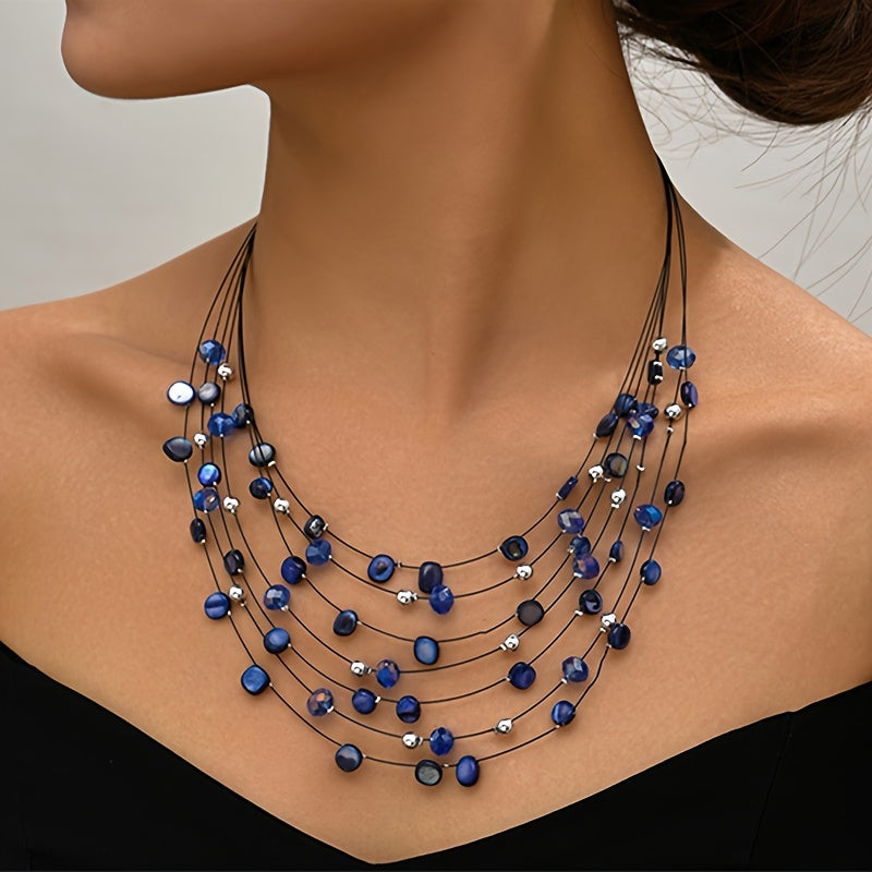 Boho-Perlenkette für Frauen – handgefertigte, mehrlagige Halskette mit künstlichem Kristall - in blau oder bunt - Blau