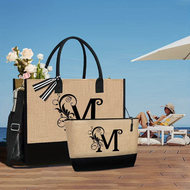 2-teiliges Set: Große und kleine personalisierte Monogramm Tragetasche mit Buchstaben von A bis Z in schönem Design - Aufdruck in Schwarz - leichte Einkaufstasche aus Stoff mit schwarzen Griffen - mit Reißverschluss