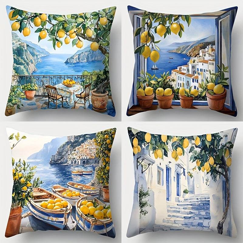 happy-prints.eu - 4er-Set Sofakissenbezug mit Zitronen, italienischem Flair und Meer - aus Polyester und mit Reißverschluss - perfekt für den Sommer - tolles blau und gelb