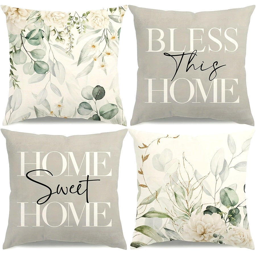 4er-Set Leinen Kissenbezüge „Botanische Blütenliebe“ mit Eukalyptus, Rosen & Blumenmotiv in Mint, Gold & Petrol, mit Reißverschluss