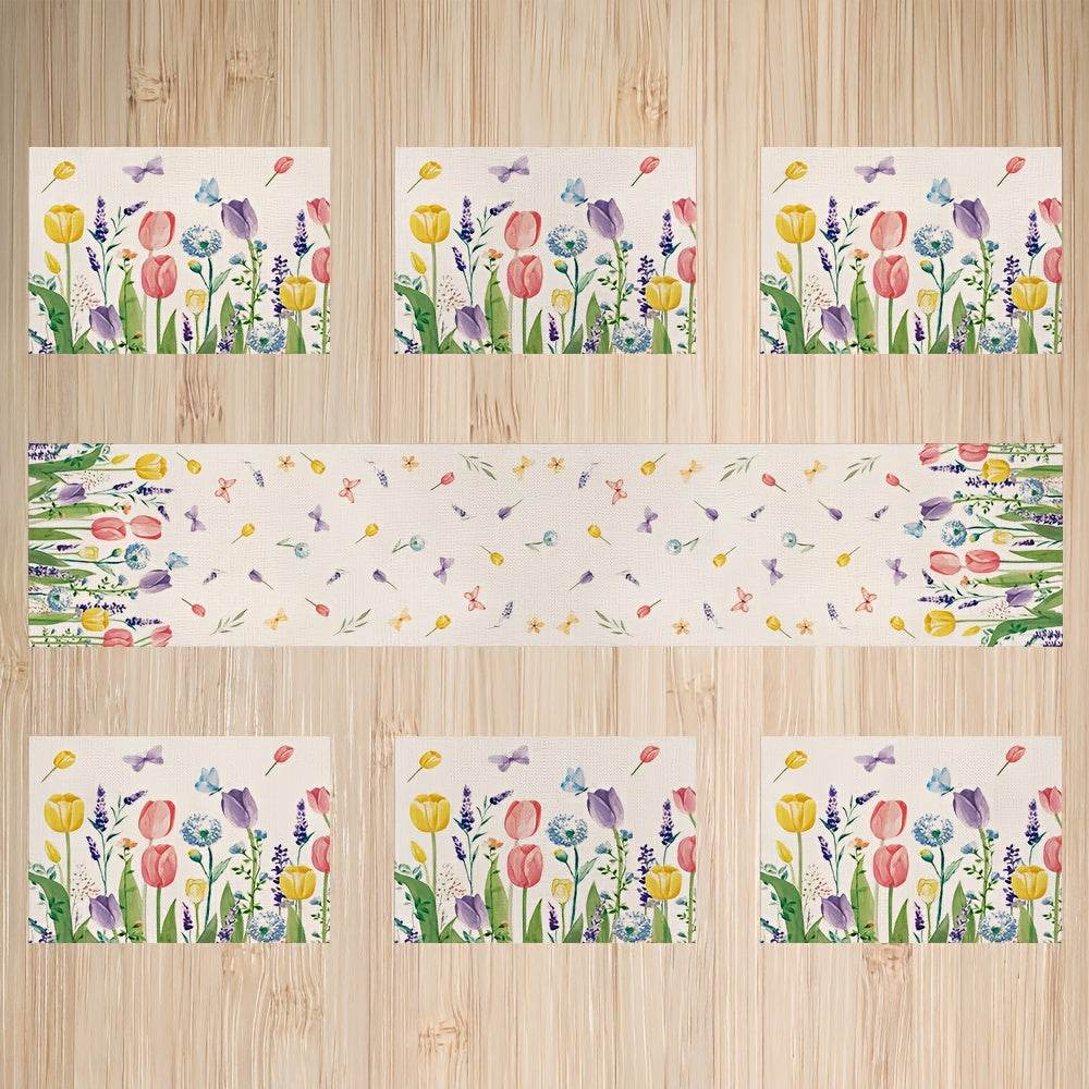 happy-prints.eu - Frühlingshaftes 7-teiliges Tulpen Tischset – Blumen Tischläufer & Platzsets für innen und außen