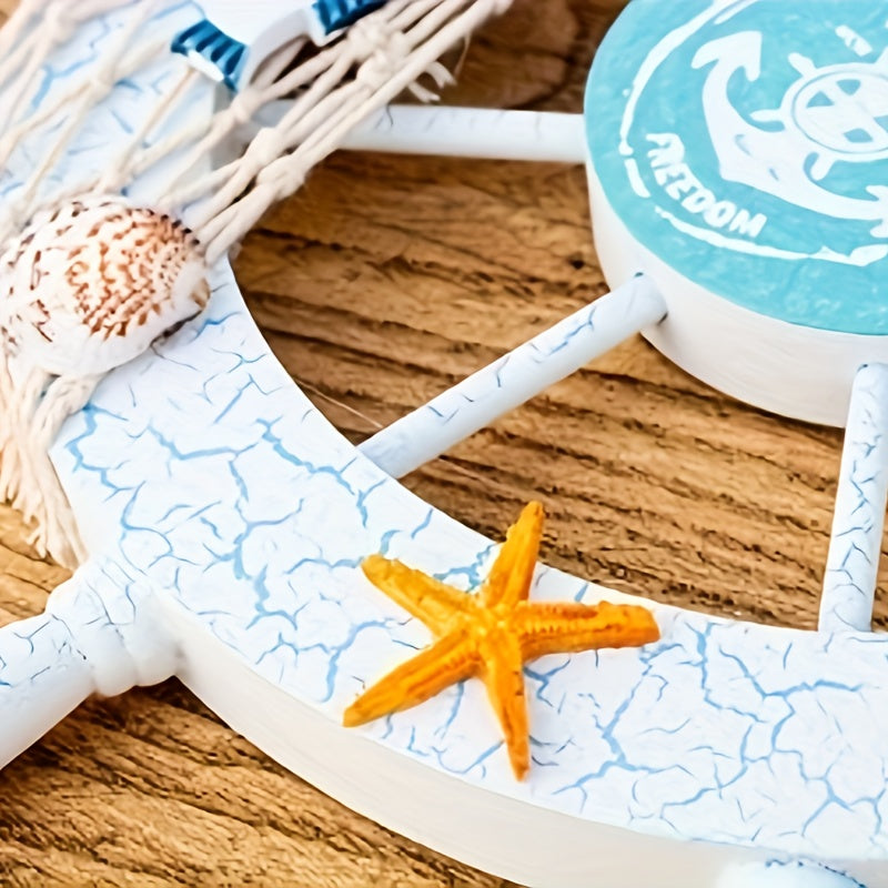 Maritimes Holzdesign Deko Steuerrad mit Fische, Fischernetz, Seesterne & Muscheln - Sommerliche, nautische Deko mit 28cm Durchmesser