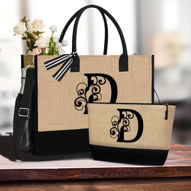 2-teiliges Set: Große und kleine personalisierte Monogramm Tragetasche mit Buchstaben von A bis Z in schönem Design - Aufdruck in Schwarz - leichte Einkaufstasche aus Stoff mit schwarzen Griffen - mit Reißverschluss