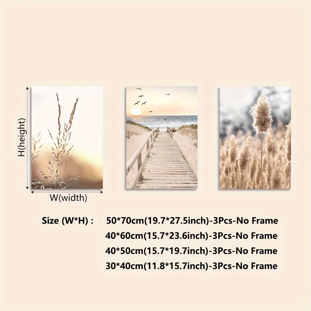 3er-Set rahmenlose Leinwanddruck Bilder im Boho Nature Stil – Modernes Wanddeko-Poster mit Grashalm, Meerblick & Pampasgras auf Leinwand ohne Rahmen