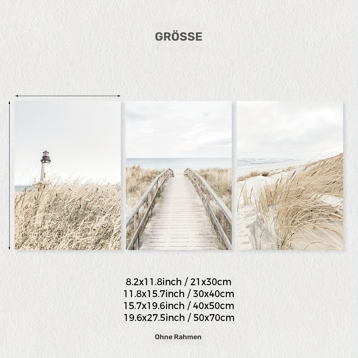 3er-Set mit hübschem Boho Leinwanddruck – Rahmenloses Leinwand-Poster - Mediterrane Küstenmomente mit Leuchtturm, Steg und Dünenlandschaft