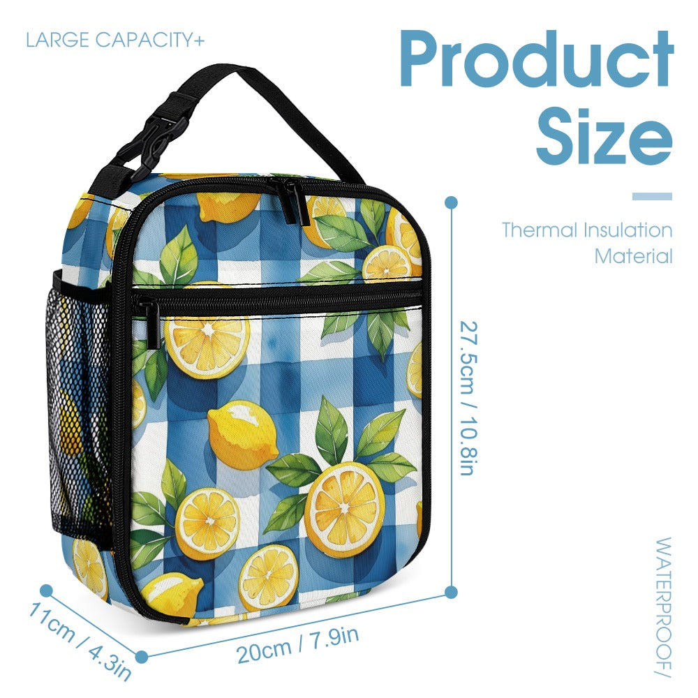 Fröhliches 3-teiliges Kinder Taschen Set mit Rucksack, Lunchtasche & Federmäppchen mit Zitronen - in den sommerlichen Farben blau, gelb, weiß und grün