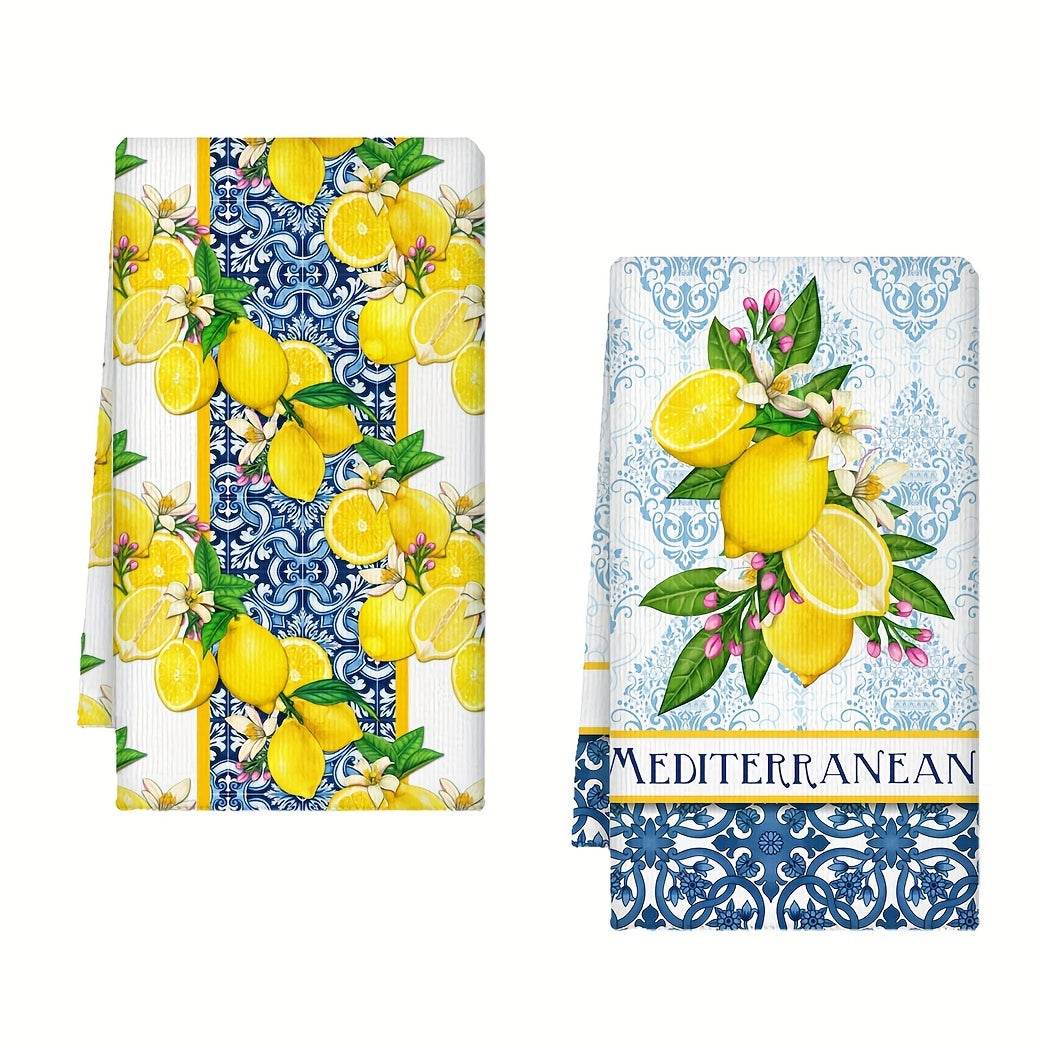 happy-prints.eu - 2er-Pack Vintage Zitronen Küchentücher in blau & weiß – 100 % Mikrofaser, 70x45 cm, maschinenwaschbar