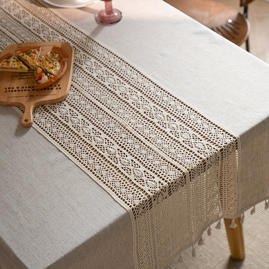 1 Stück Boho Tischdecke mit Hohlmuster und Fransen in milchigem Weiß oder Beige mit Fransen & geometrischem Muster, 85 % Polyester & 15 % Leinen
