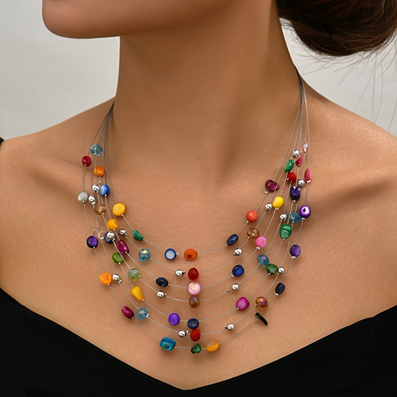 Boho-Perlenkette für Frauen – handgefertigte, mehrlagige Halskette mit künstlichem Kristall - in blau oder bunt - Bunt