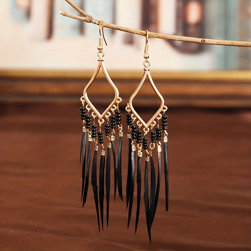Schlanke Damen Boho Feder-Ohrringe mit Traumfänger Design – 12cm lang, künstliche Federn & Fransen