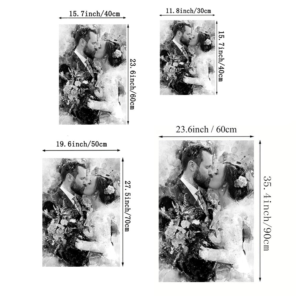 Personalisiertes Schwarz-Weiß-Wasserfarben-Bild zur Hochzeit auf Leinwand – ungerahmtes Porträt-Canvas-Poster, perfekt für Hochzeiten, Paare, Familien, Verlobungen, Haustiergedenken, in verschiedenen Größen