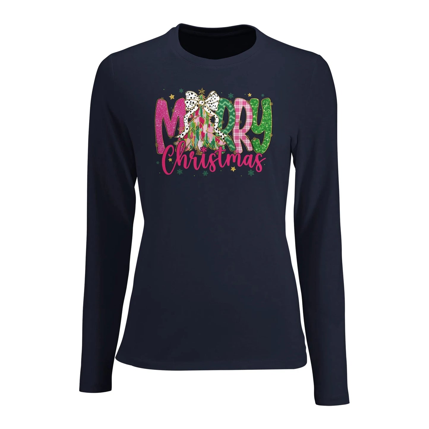 Tailliertes Damen Langarm-T-Shirt für Damen mit Merry Christmas Aufdruck - mit pink grün gold schwarz - French Navy